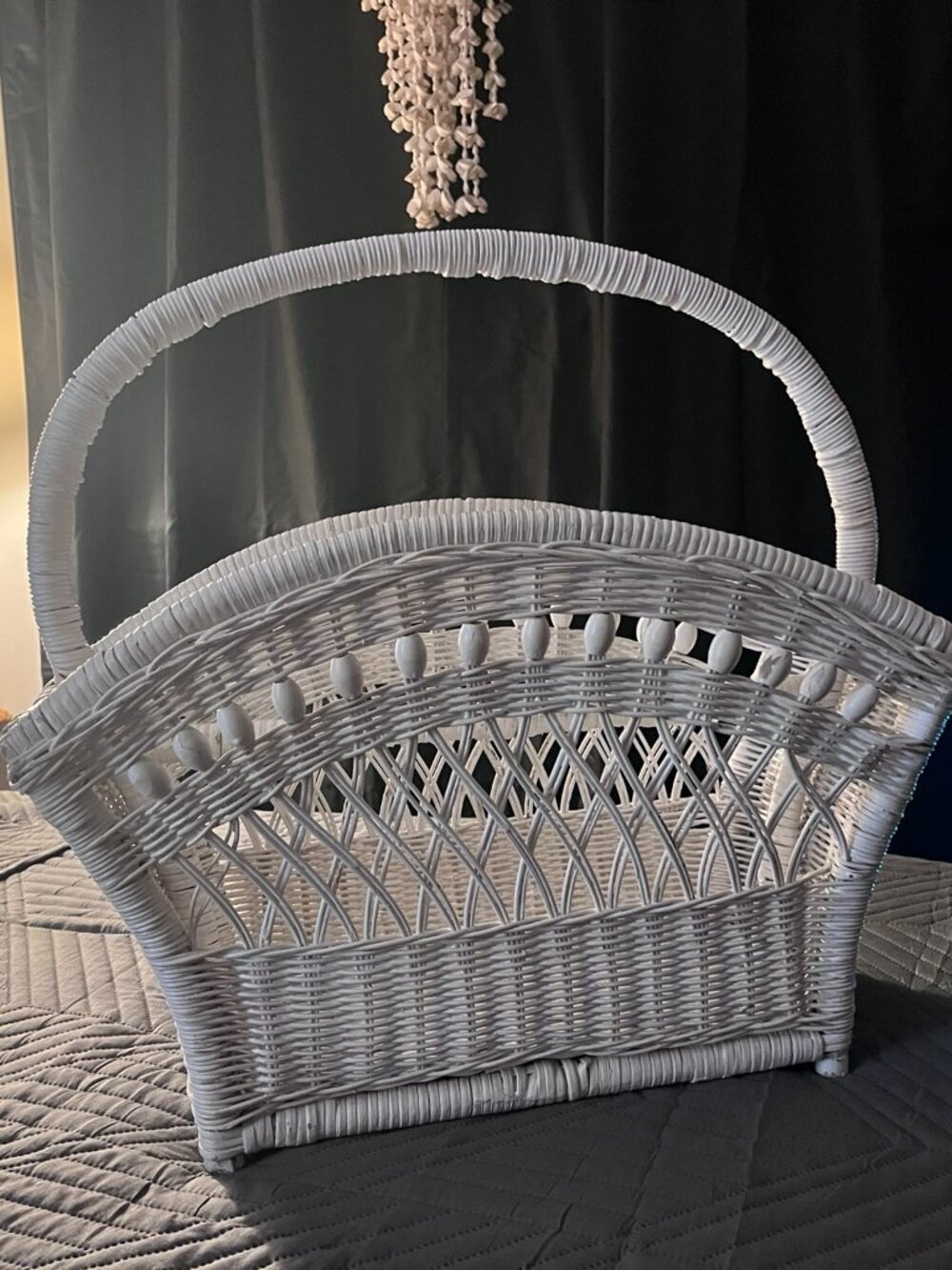 Vintage White Wicker Magazine Holder Rack | Boho Coastal Record Caddy 70s